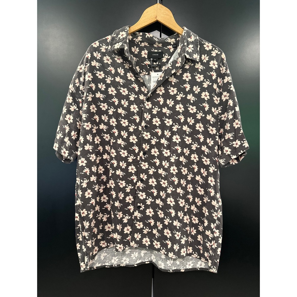 Vince Mens Classic Fit Linen Blend Floral Short Sleeve Shirt Soft Black Sea Salt